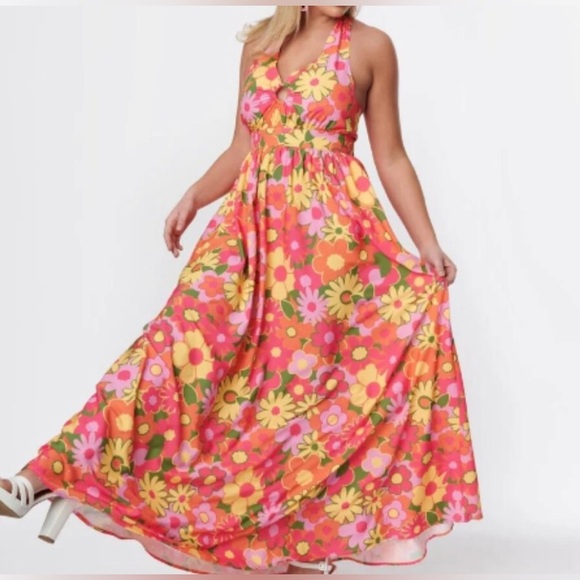 Smak Parlour Floral Halter Maxi Dress Pink Orange Size XL - Picture 2 of 11